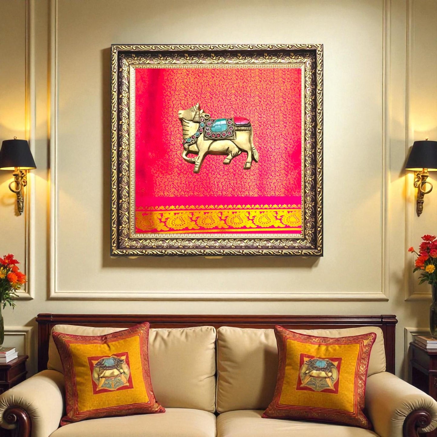 Brass Nandi Pink Silk Wall Frame – A Sacred Symbol of Devotion and Strength- customize with other idols on this frame