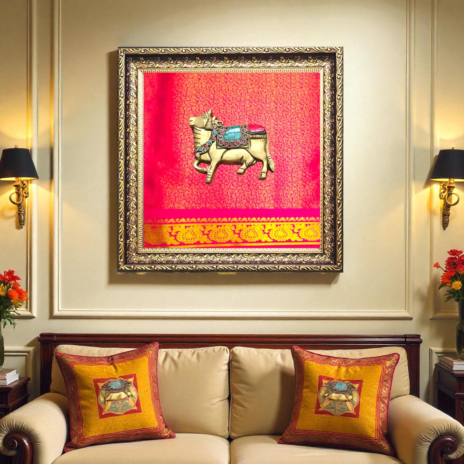 Brass Nandi Pink Silk Wall Frame – A Sacred Symbol of Devotion and Strength- customize with other idols on this frame