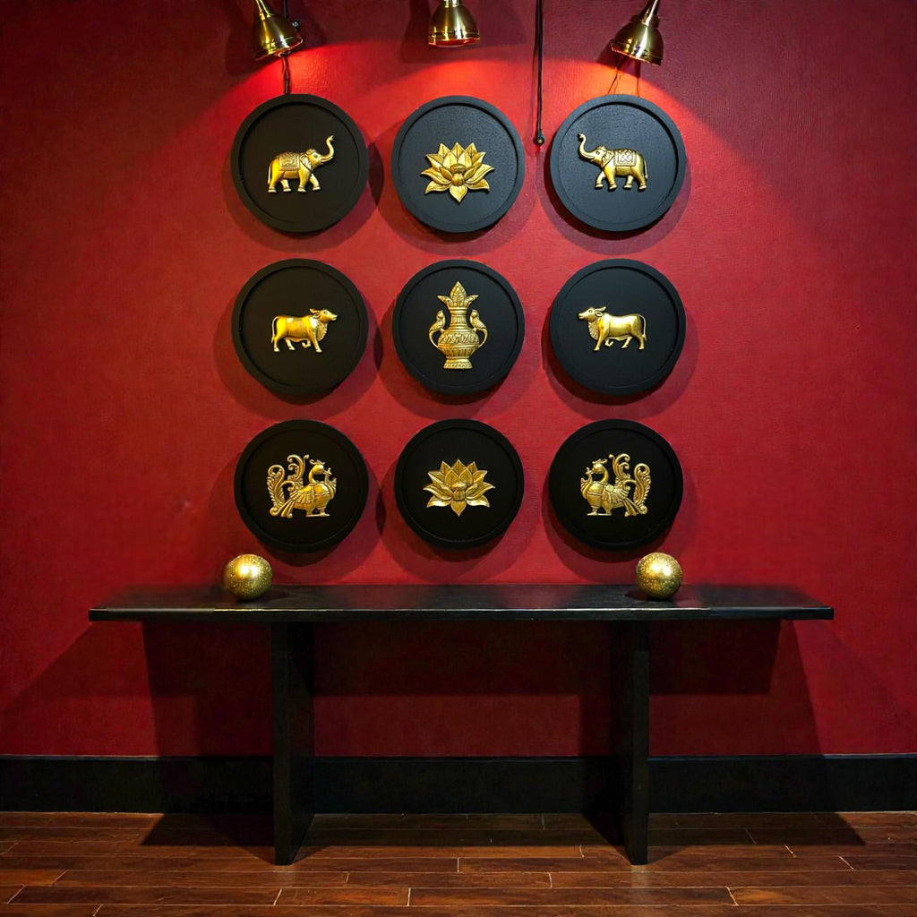 Brass Wall Decor Motifs | Wooden Round Wall Frames with Brass Items | Home & Office Wall Decor | Set of 9.