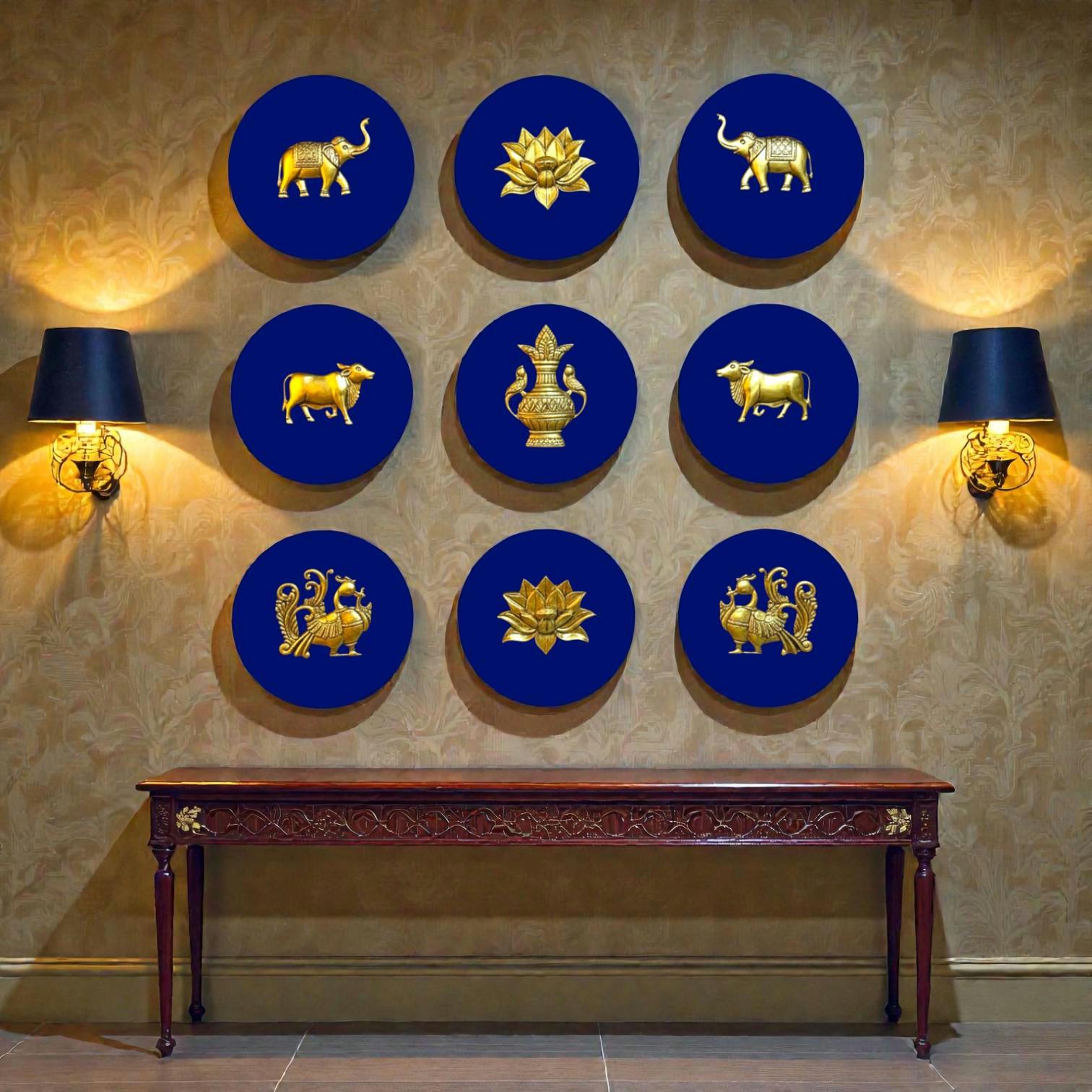 Brass Wall Decor Motifs | Wooden Round Wall Frames with Brass Items | Home & Office Wall Decor | Set of 9.