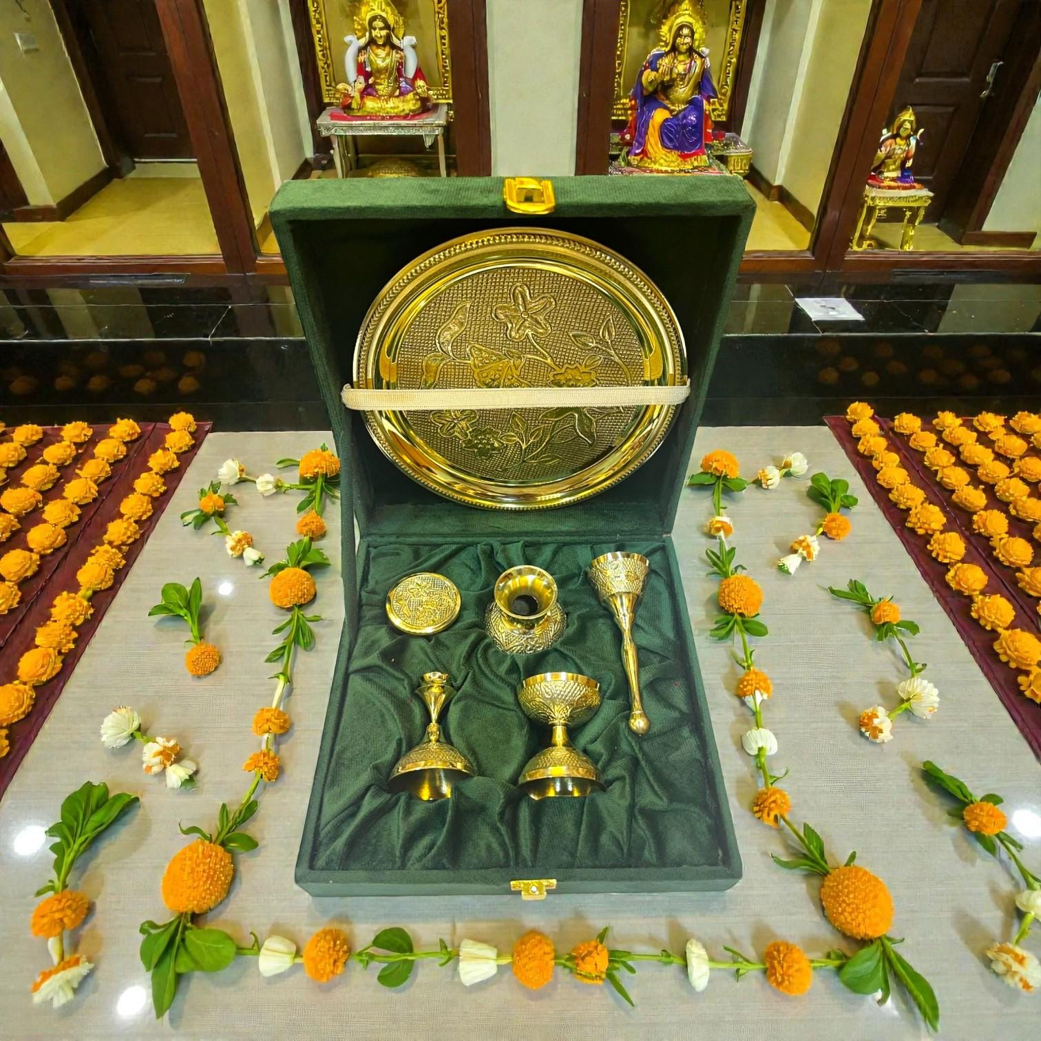 Handcrafted Brass Pooja Thali Set with Velvet Box | Traditional Indian Ritual Essentials