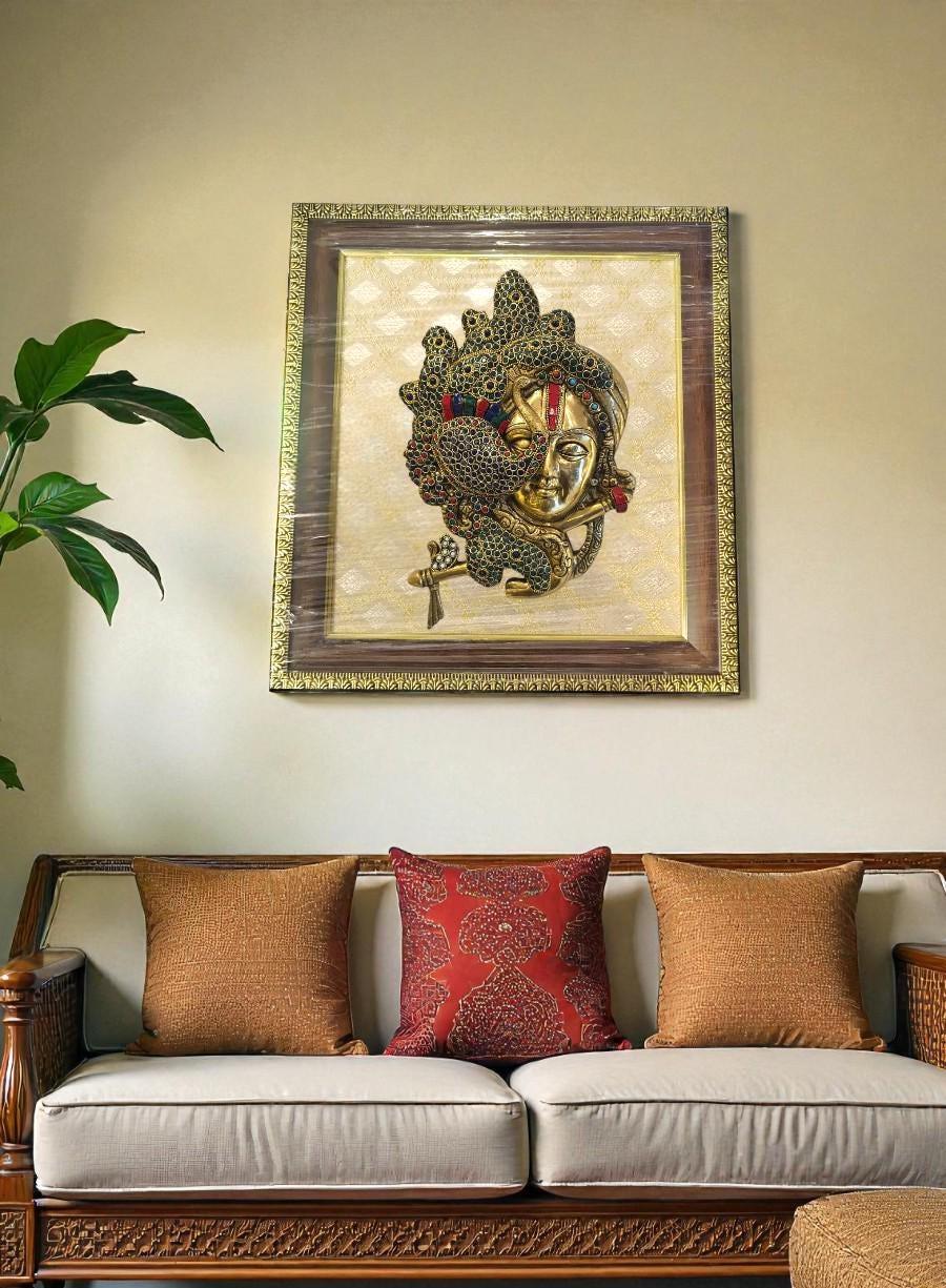 Handcrafted Brass Krishna Peacock Wall Art – Indian Spiritual Decor