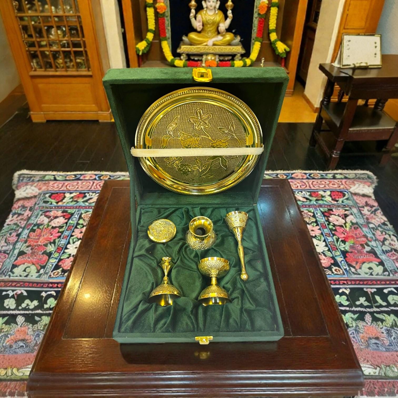 Handcrafted Brass Pooja Thali Set with Velvet Box | Traditional Indian Ritual Essentials