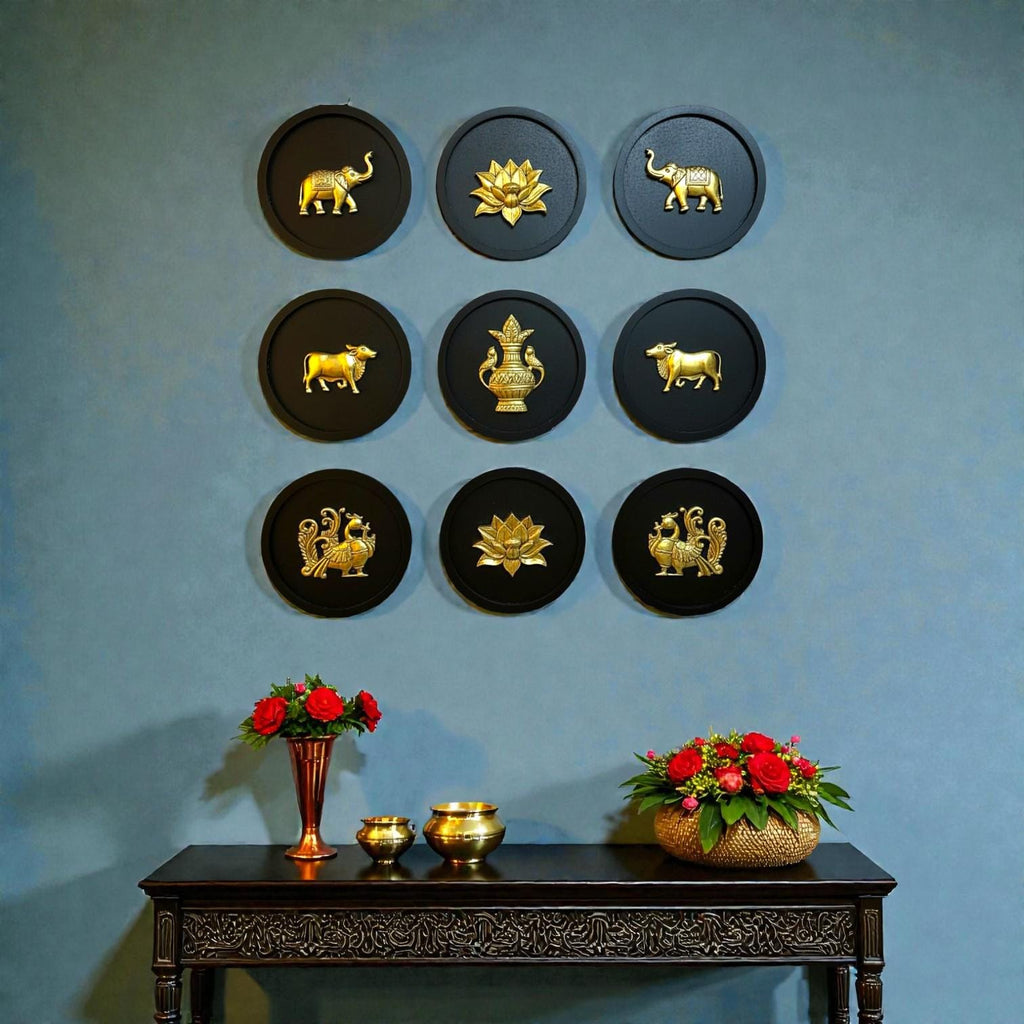 Brass Wall Decor Motifs | Wooden Round Wall Frames with Brass Items | Home & Office Wall Decor | Set of 9.