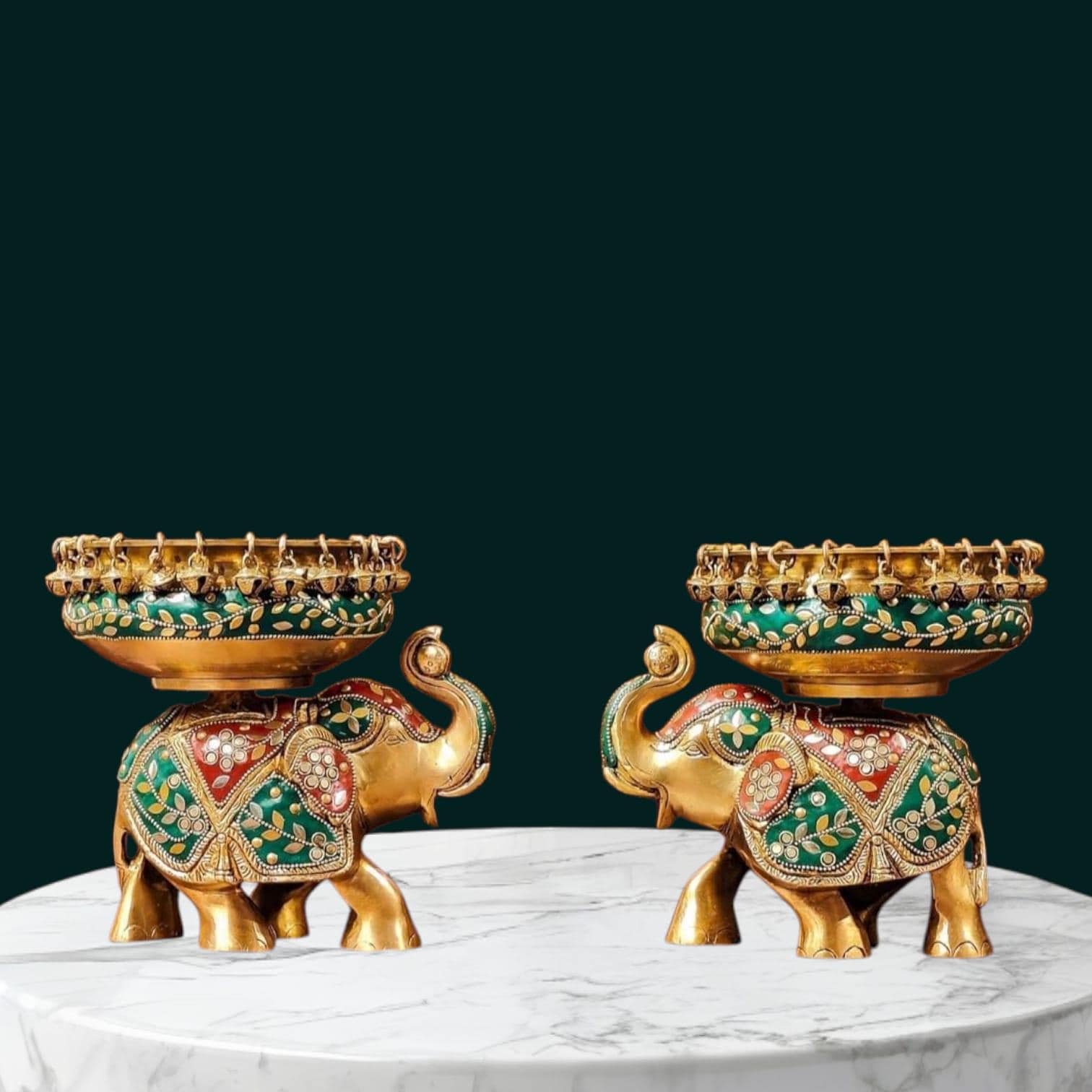 Elephant Urli Bowl with Stone Cladding – Handcrafted Brass Décor | Traditional Indian Centerpiece for Festive & Luxury Home Styling