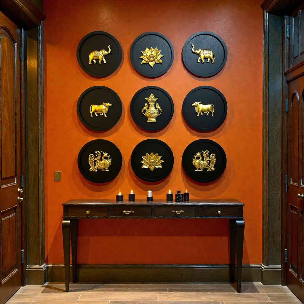 Brass Wall Decor Motifs | Wooden Round Wall Frames with Brass Items | Home & Office Wall Decor | Set of 9.