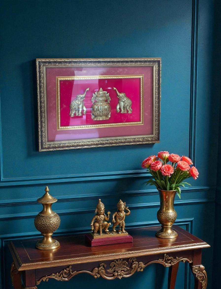 Brass Kalash and Elephant Wall Frame | Indian Temple Decor