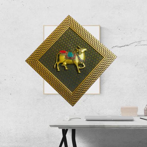 Low stock alert, Brass Nandi Diamond Wall Frame – A Sacred Symbol of Devotion and Strength