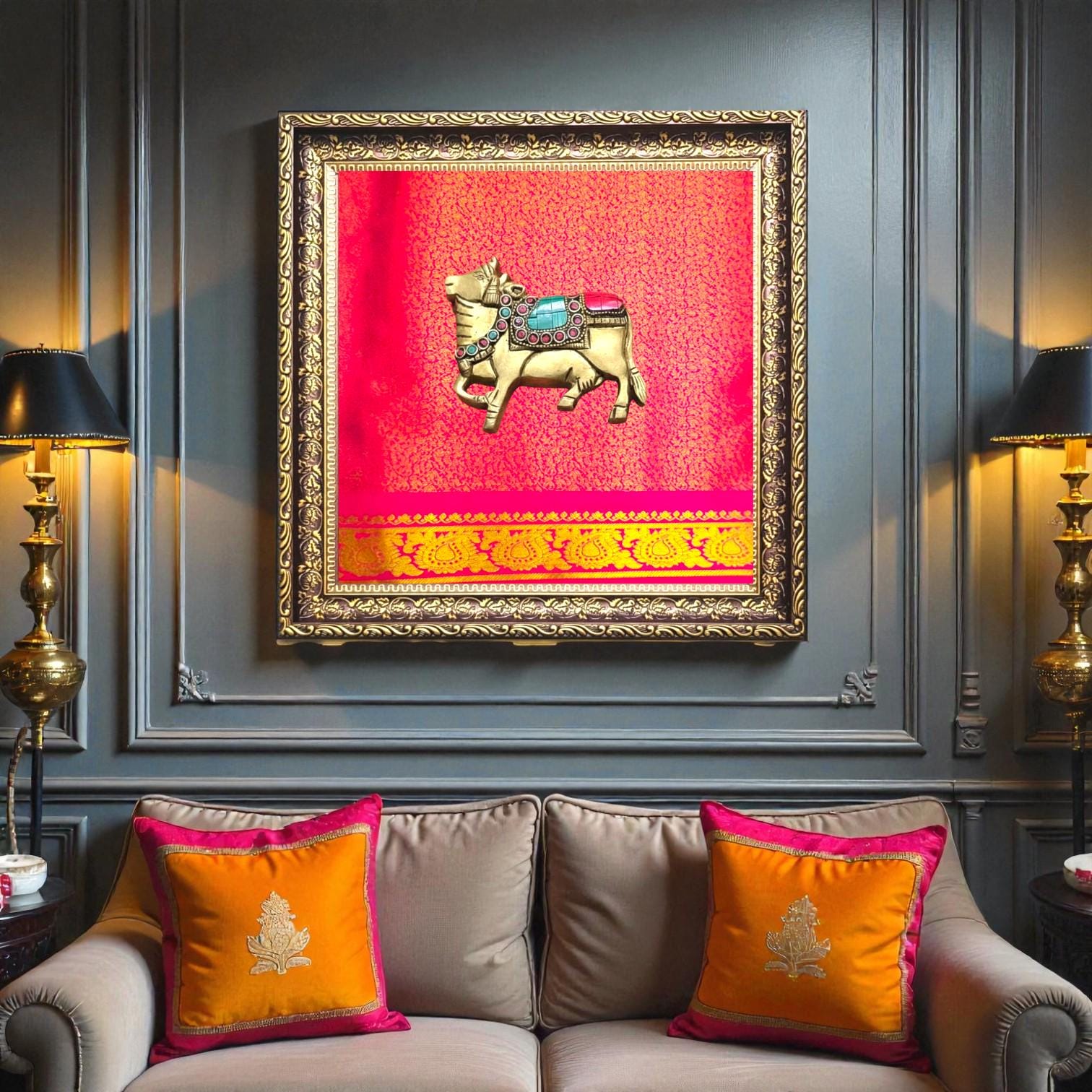 Brass Nandi Pink Silk Wall Frame – A Sacred Symbol of Devotion and Strength- customize with other idols on this frame