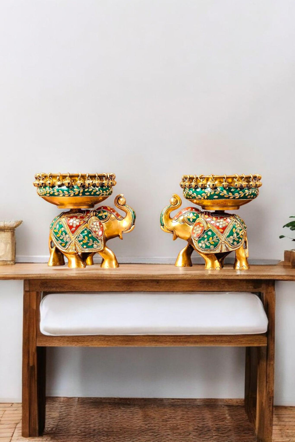Elephant Urli Bowl with Stone Cladding – Handcrafted Brass Décor | Traditional Indian Centerpiece for Festive & Luxury Home Styling