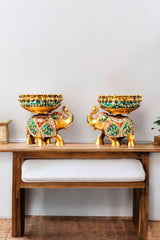 Elephant Urli Bowl with Stone Cladding – Handcrafted Brass Décor | Traditional Indian Centerpiece for Festive & Luxury Home Styling