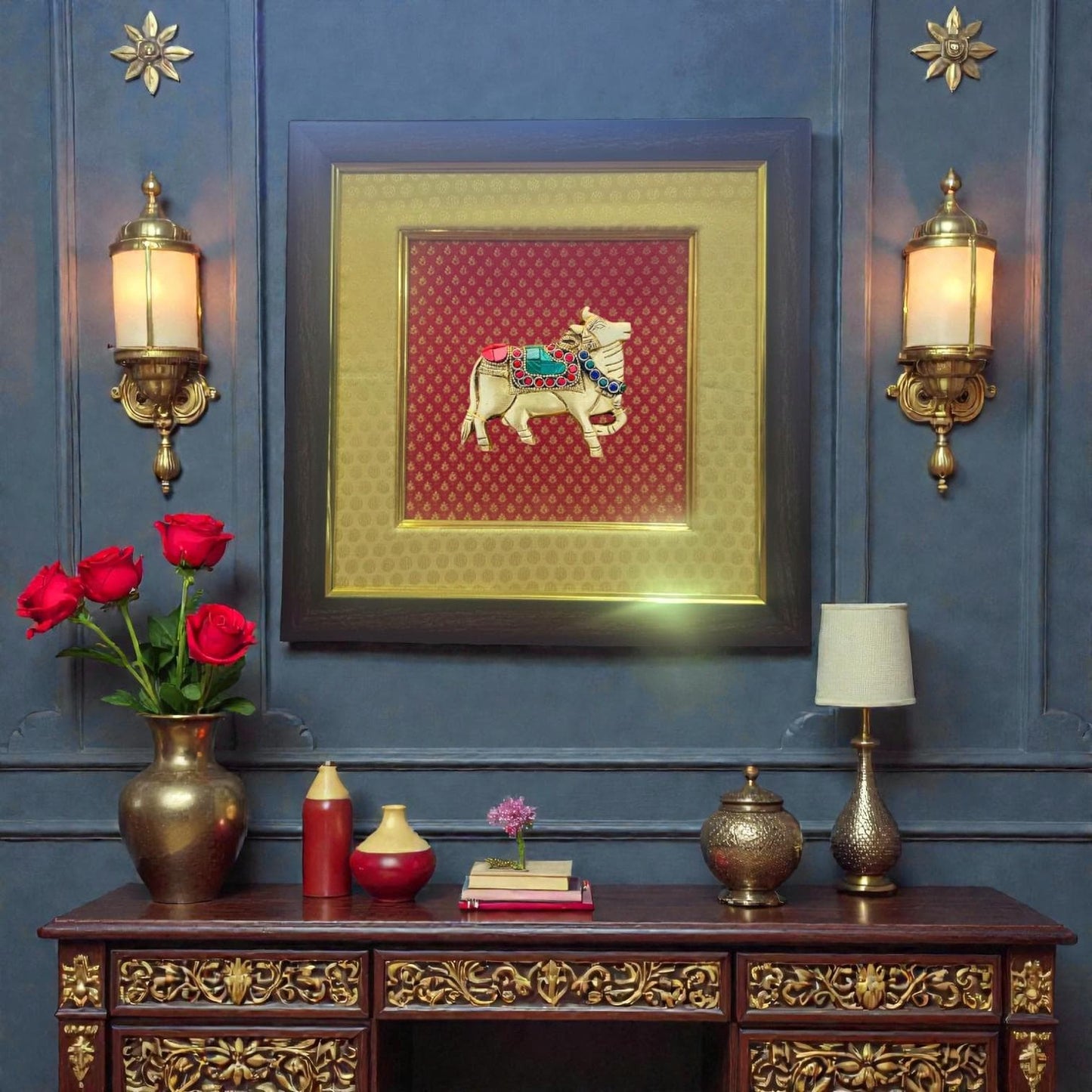 Beige and Red Silk Wall Frame – Customize with Nandi. Message us today.