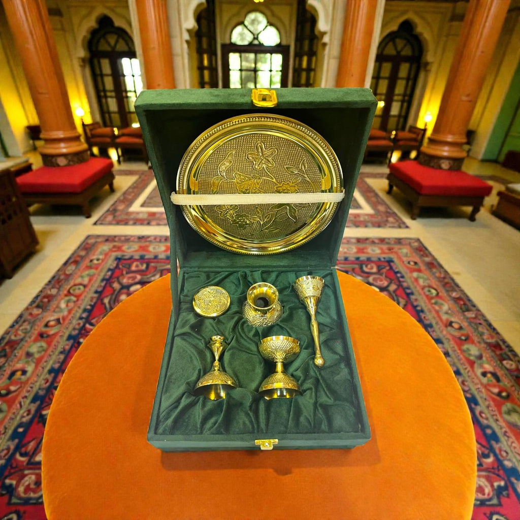 Handcrafted Brass Pooja Thali Set with Velvet Box | Traditional Indian Ritual Essentials