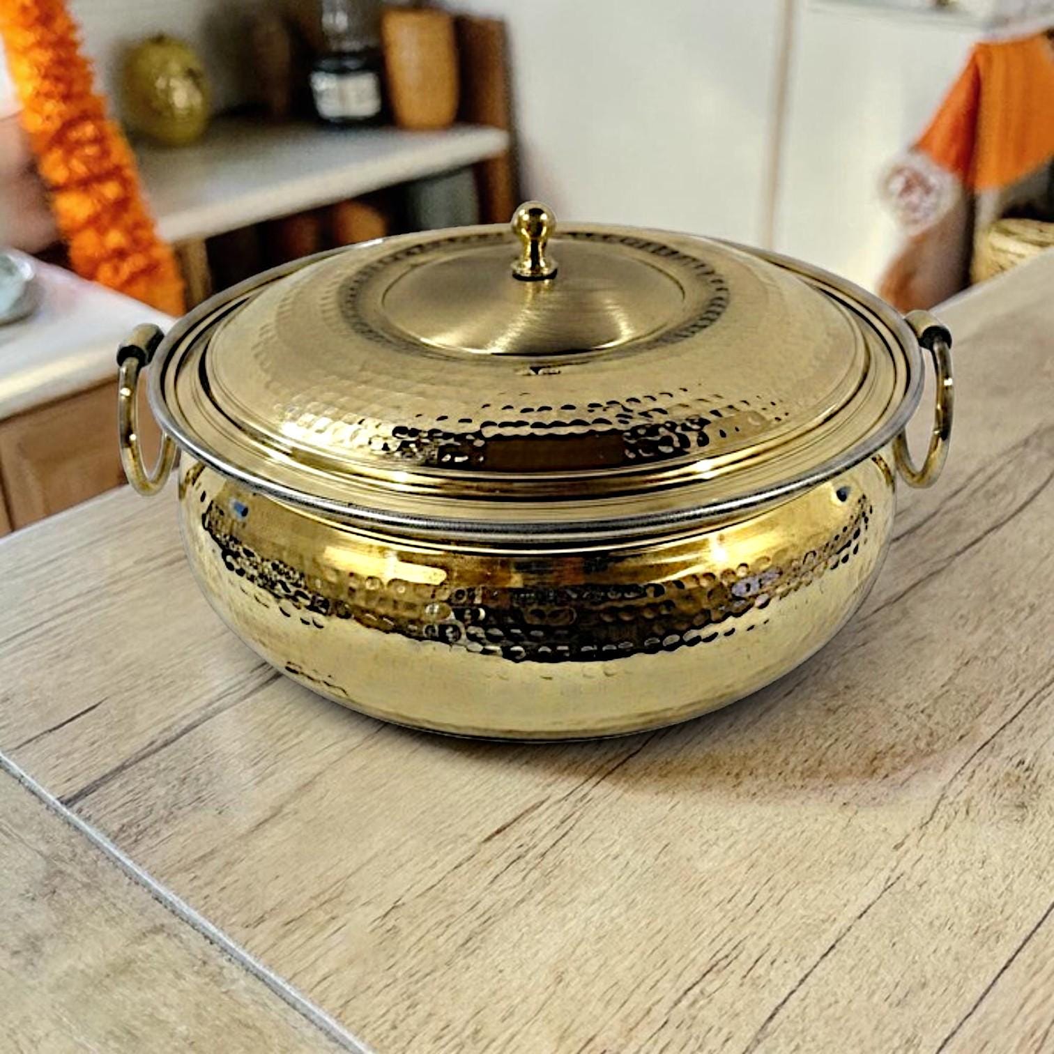 Pure Brass Lagan Handi with lid and Handles for Cooking