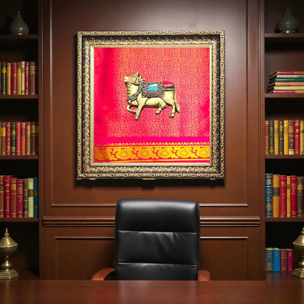 Brass Nandi Pink Silk Wall Frame – A Sacred Symbol of Devotion and Strength- customize with other idols on this frame