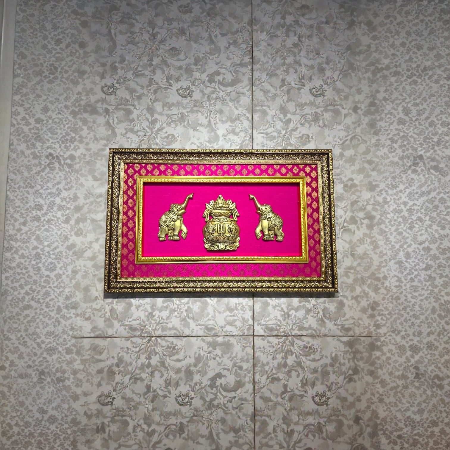 Brass Kalash and Elephant Wall Frame | Indian Temple Decor