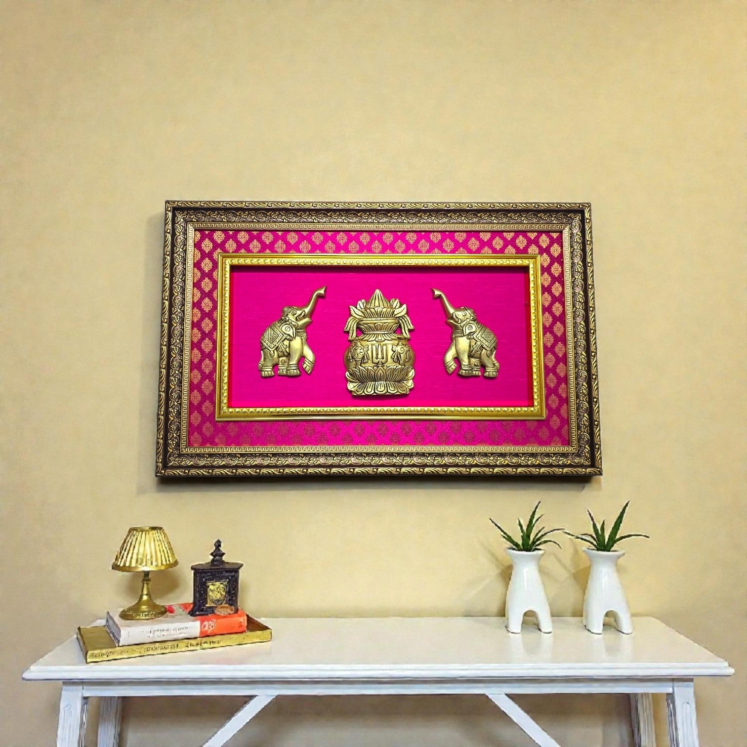 Brass Kalash and Elephant Wall Frame | Indian Temple Decor