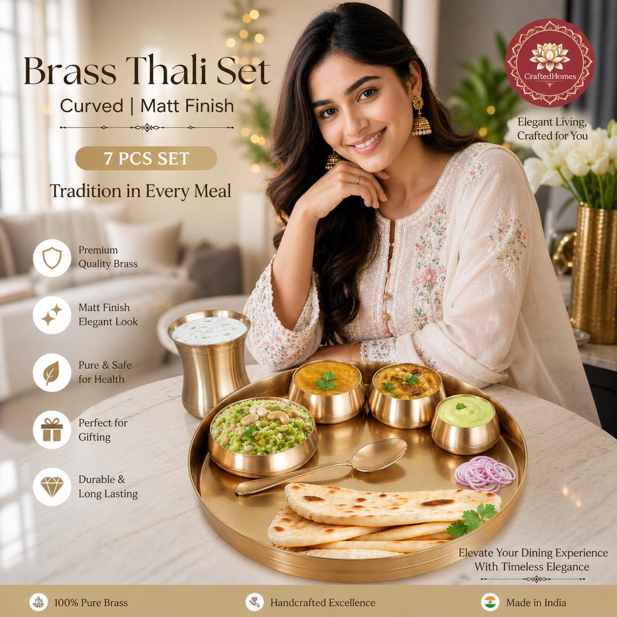 Brass Thali Dinner Set of 7 pieces – Handcrafted Indian Serveware