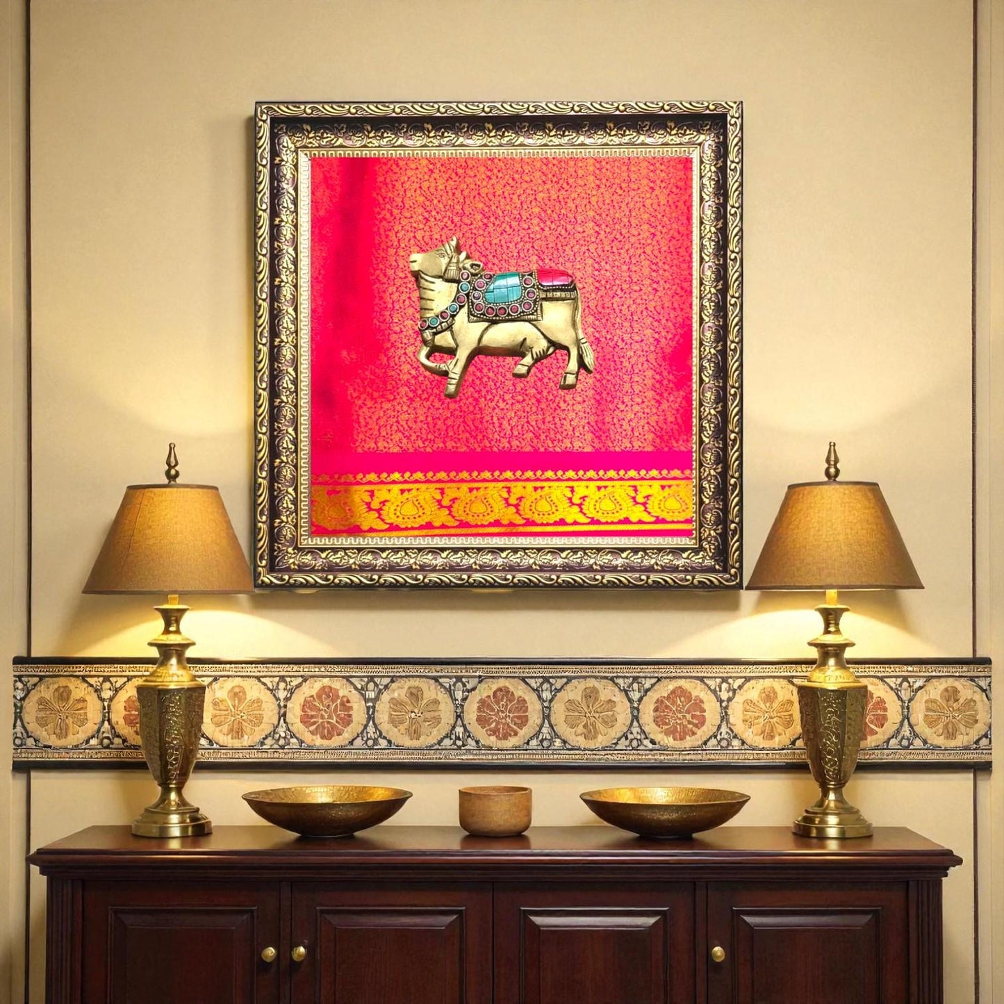 Brass Nandi Pink Silk Wall Frame – A Sacred Symbol of Devotion and Strength- customize with other idols on this frame