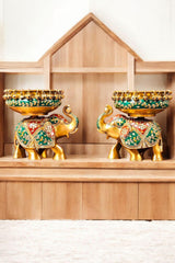 Elephant Urli Bowl with Stone Cladding – Handcrafted Brass Décor | Traditional Indian Centerpiece for Festive & Luxury Home Styling
