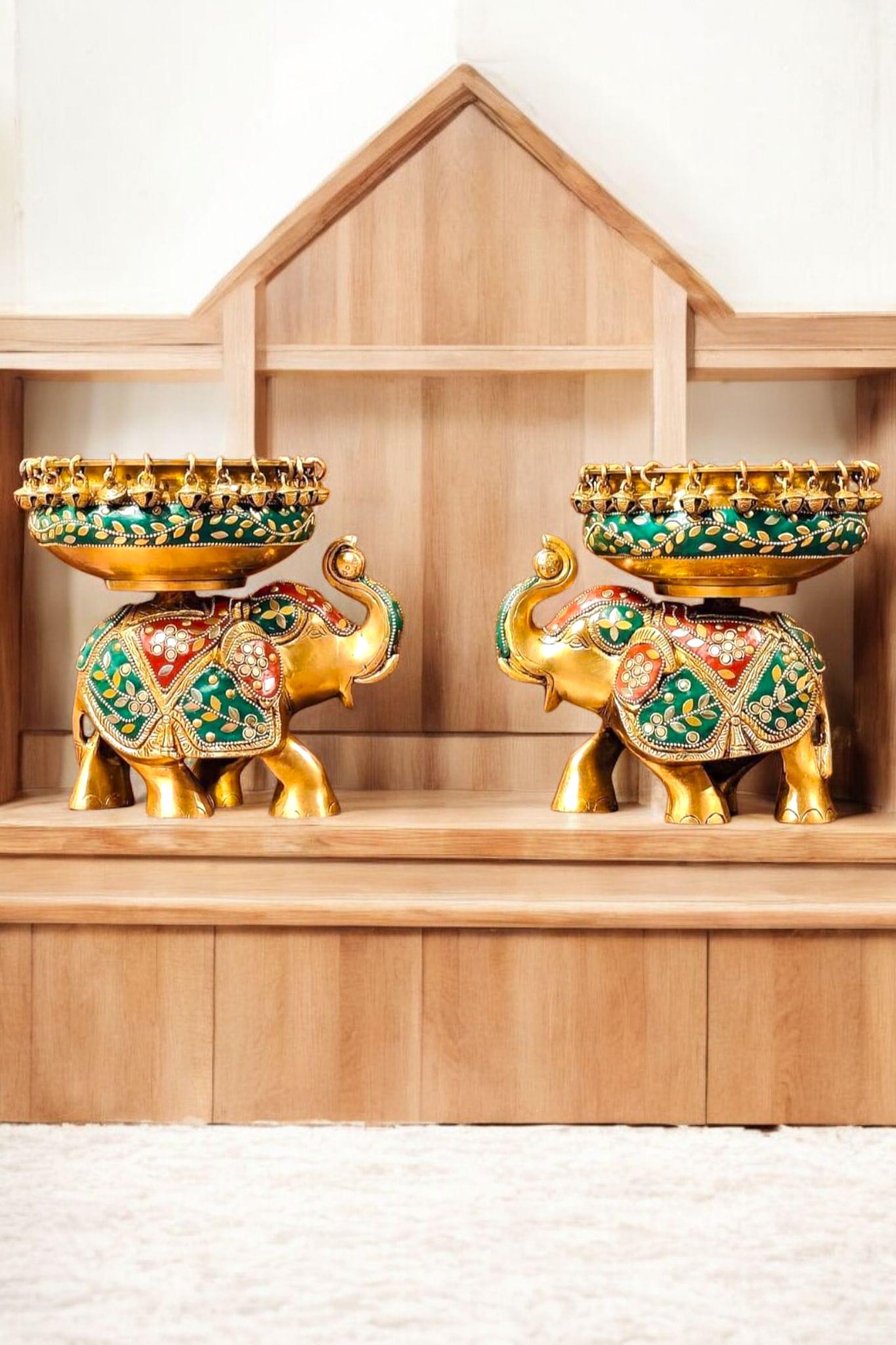 Elephant Urli Bowl with Stone Cladding – Handcrafted Brass Décor | Traditional Indian Centerpiece for Festive & Luxury Home Styling