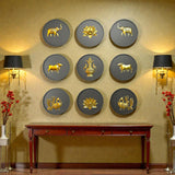 Brass Wall Decor Motifs | Wooden Round Wall Frames with Brass Items | Home & Office Wall Decor | Set of 9.