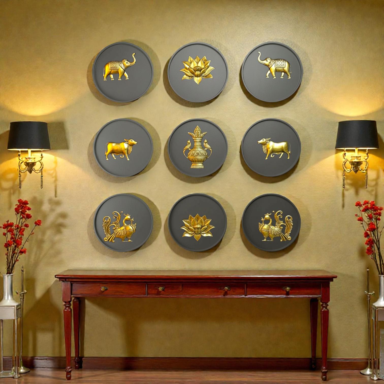 Brass Wall Decor Motifs | Wooden Round Wall Frames with Brass Items | Home & Office Wall Decor | Set of 9.