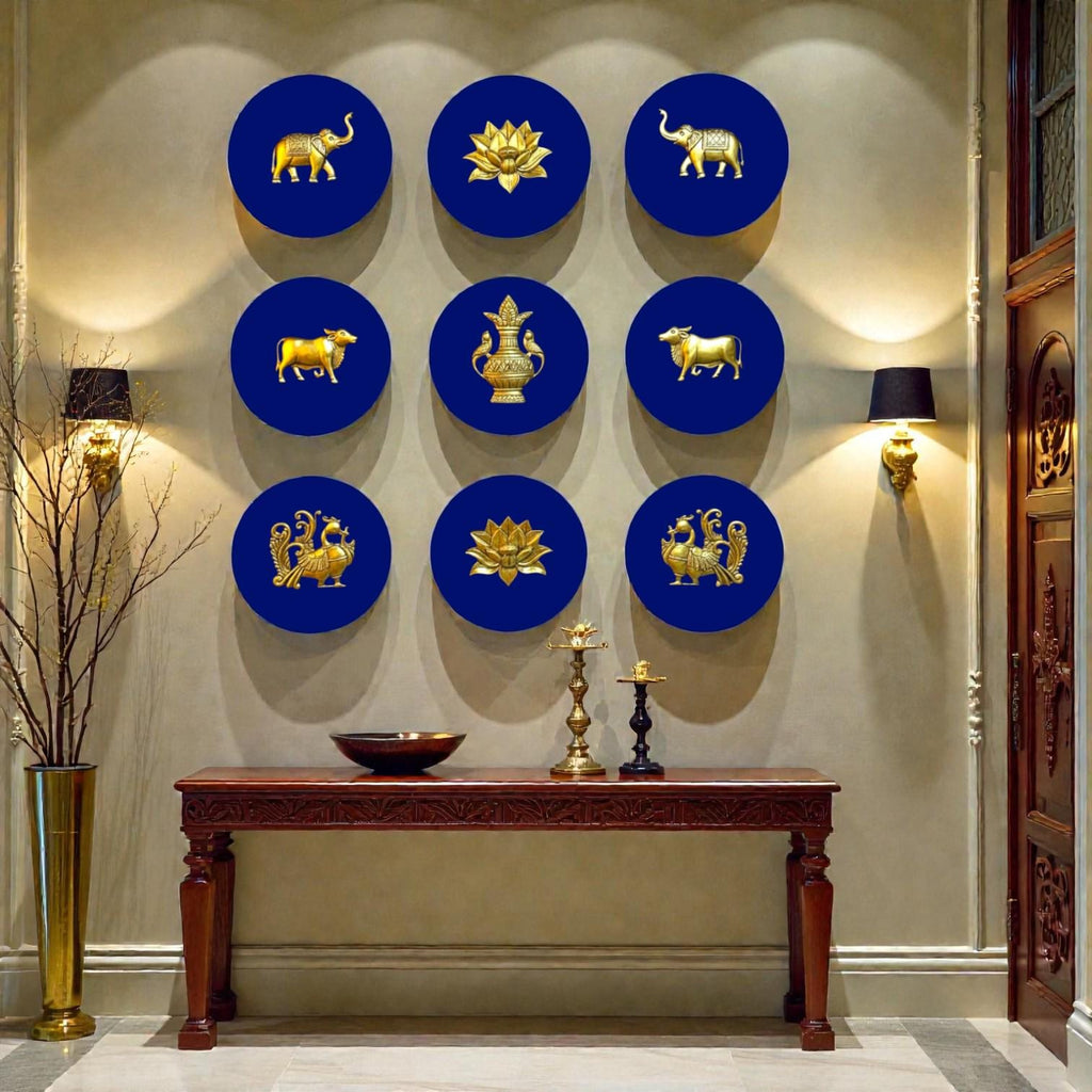 Brass Wall Decor Motifs | Wooden Round Wall Frames with Brass Items | Home & Office Wall Decor | Set of 9.
