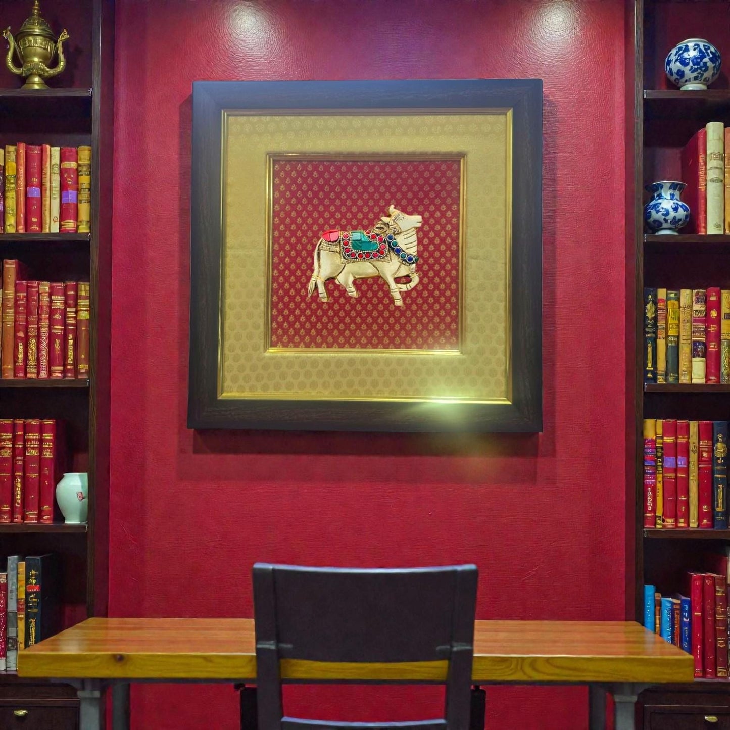 Beige and Red Silk Wall Frame – Customize with Nandi. Message us today.