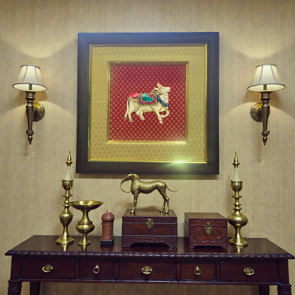 Beige and Red Silk Wall Frame – Customize with Nandi. Message us today.