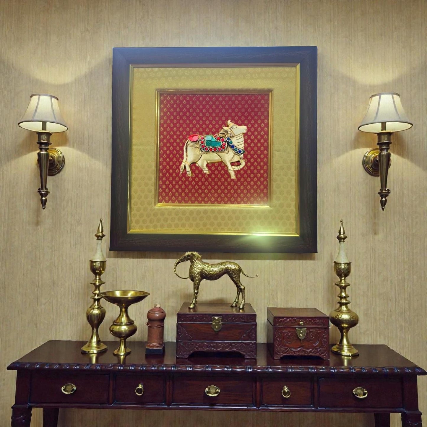 Beige and Red Silk Wall Frame – Customize with Nandi. Message us today.