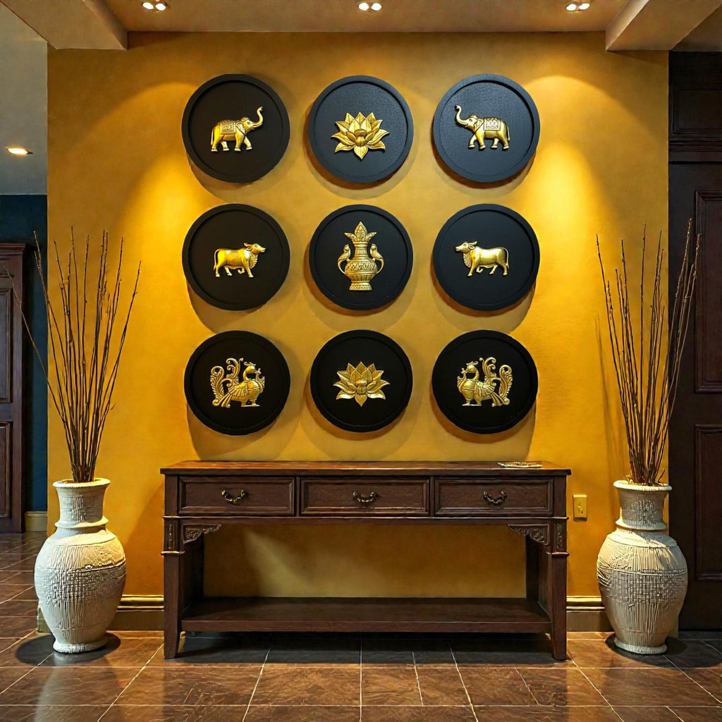 Brass Wall Decor Motifs | Wooden Round Wall Frames with Brass Items | Home & Office Wall Decor | Set of 9.