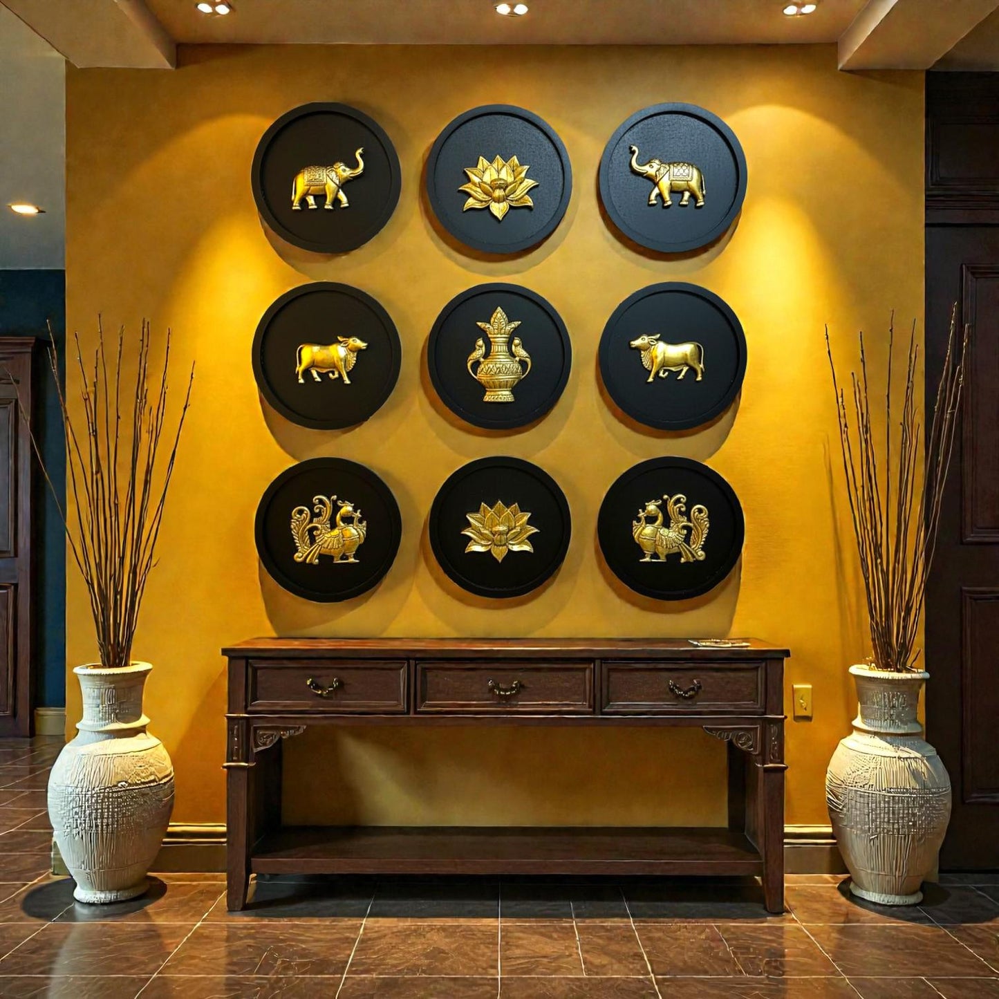 Brass Wall Decor Motifs | Wooden Round Wall Frames with Brass Items | Home & Office Wall Decor | Set of 9.