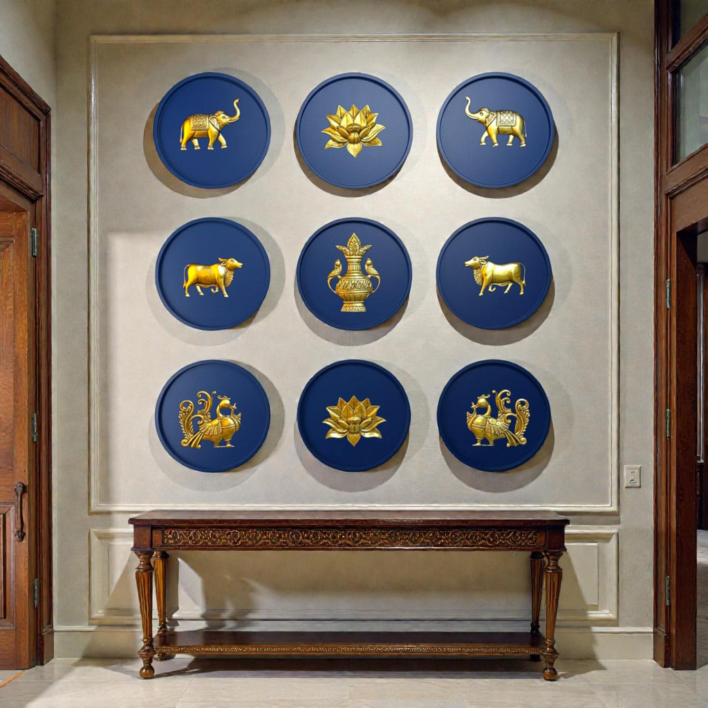Brass Wall Decor Motifs | Wooden Round Wall Frames with Brass Items | Home & Office Wall Decor | Set of 9.
