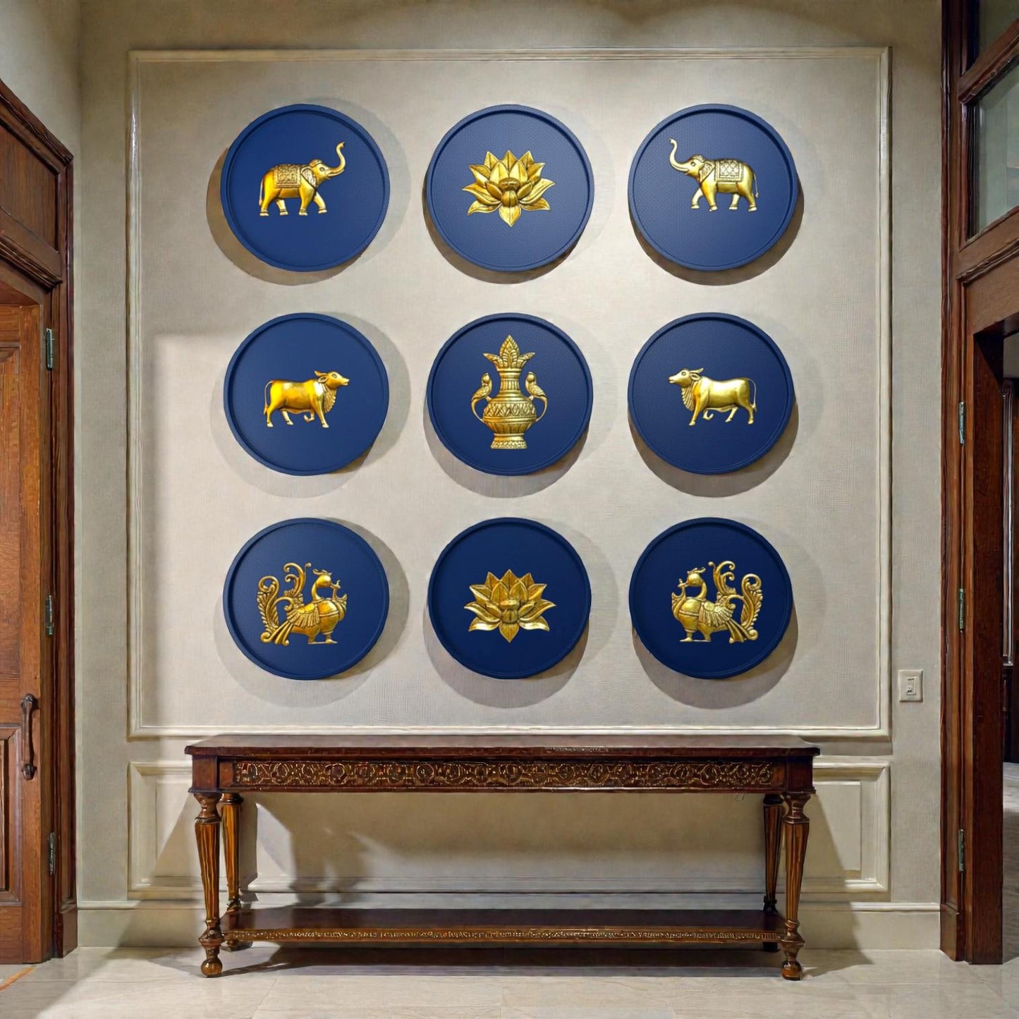 Brass Wall Decor Motifs | Wooden Round Wall Frames with Brass Items | Home & Office Wall Decor | Set of 9.