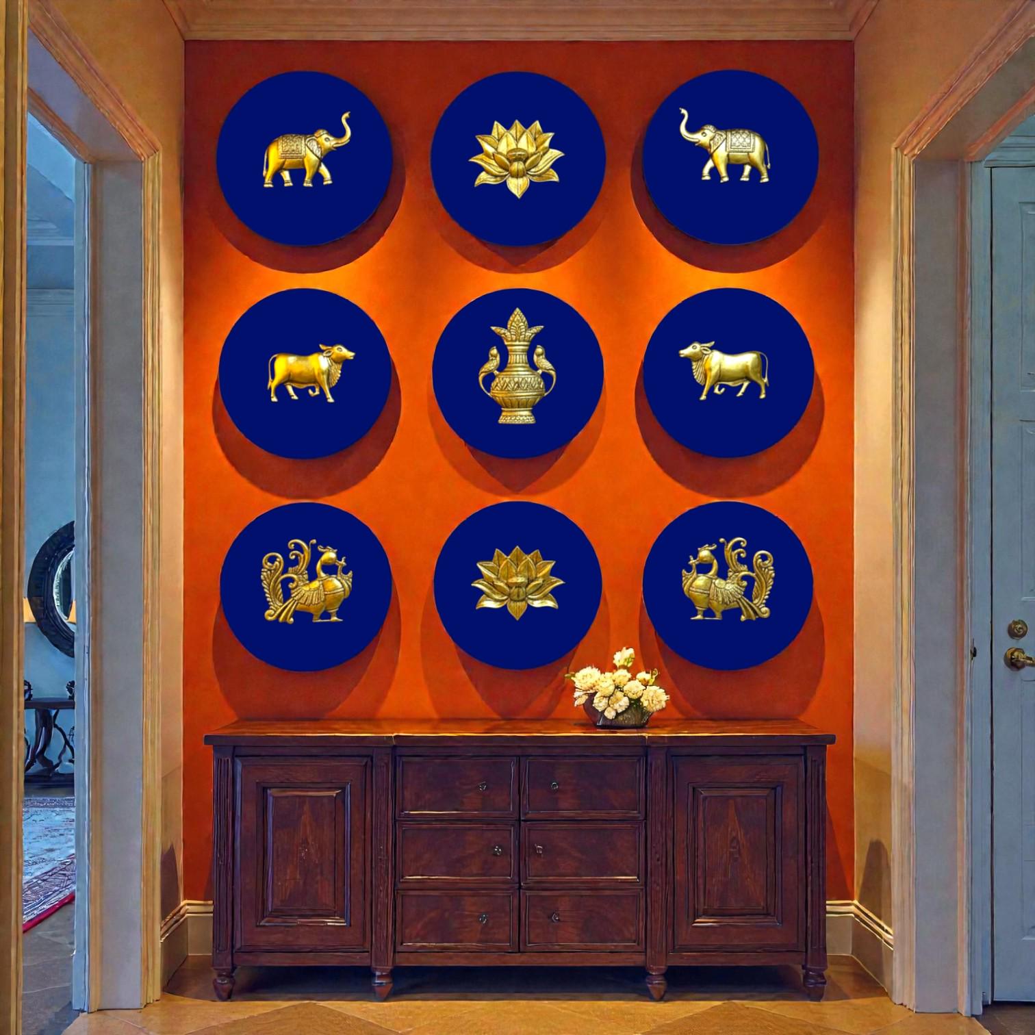 Brass Wall Decor Motifs | Wooden Round Wall Frames with Brass Items | Home & Office Wall Decor | Set of 9.