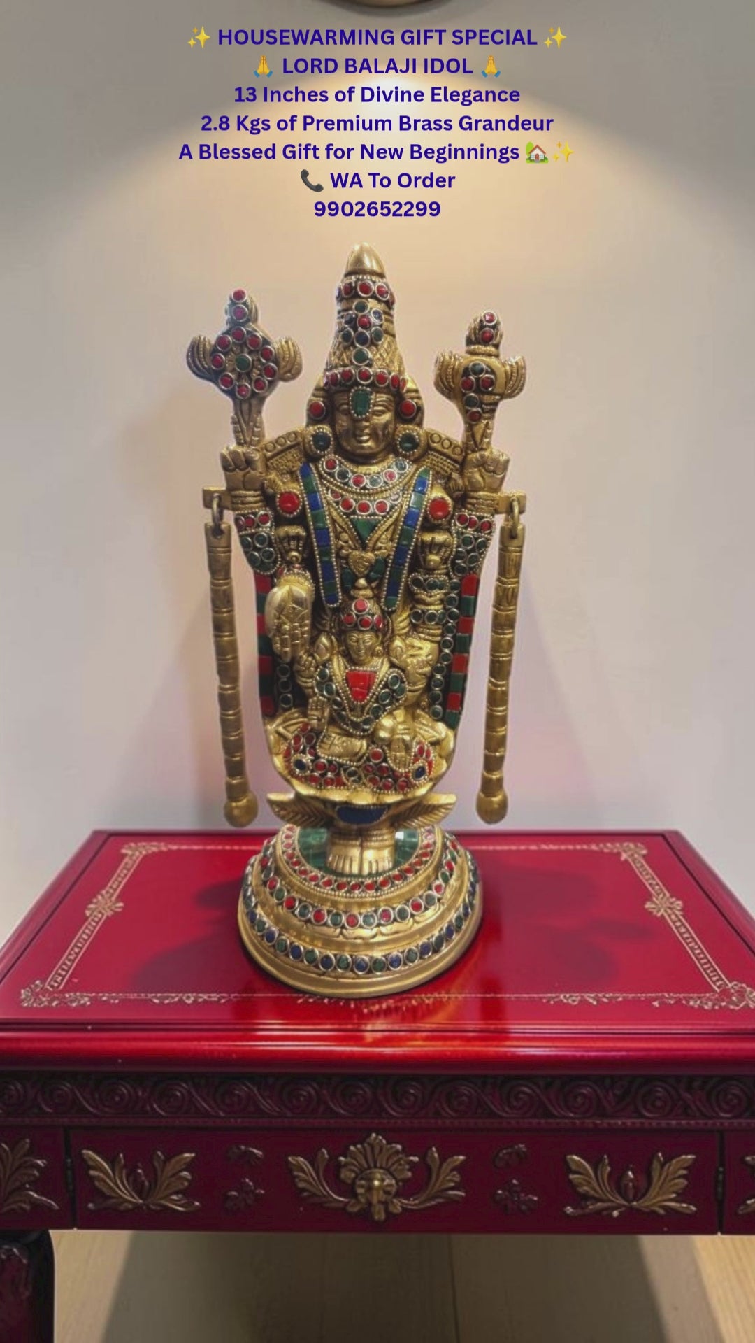 Lord Balaji Premium Brass Idol – 13 Inches | 2.8 Kgs | Housewarming & Spiritual Gift